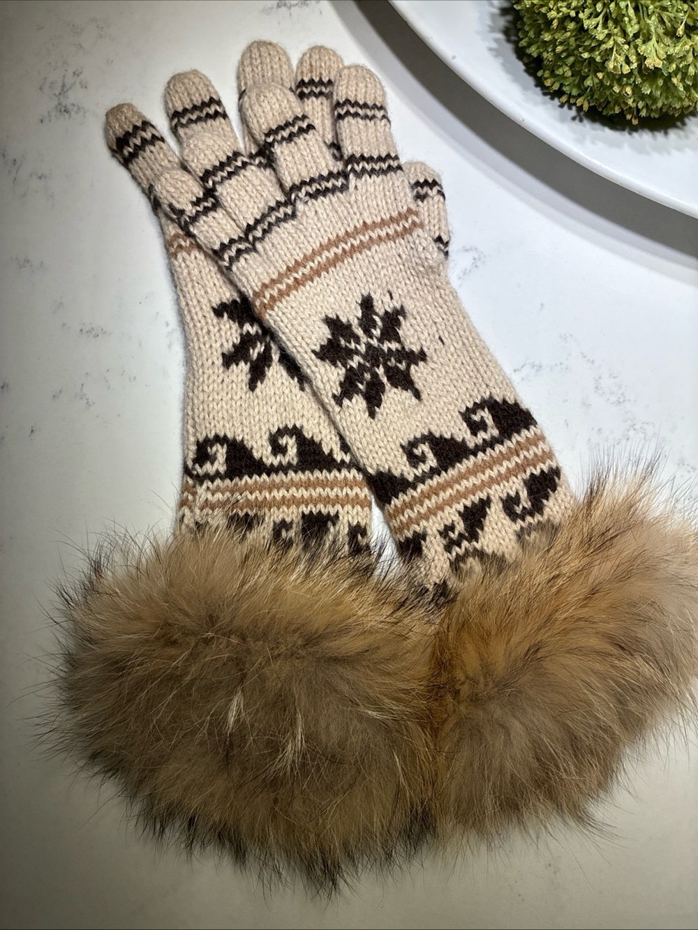 J. Crew Cream and Brown Handknit Fur-Trim Accessory
